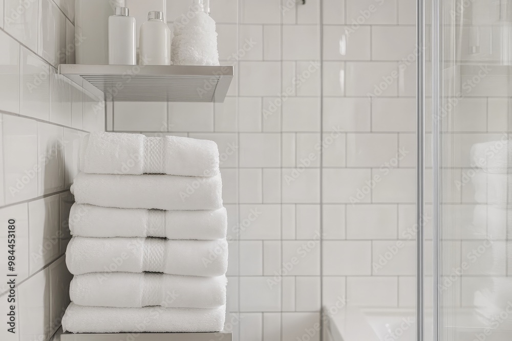 Aufkleber a neat stack of white towels is showcased on a minimalist shelf in a modern bathroom setting, comple