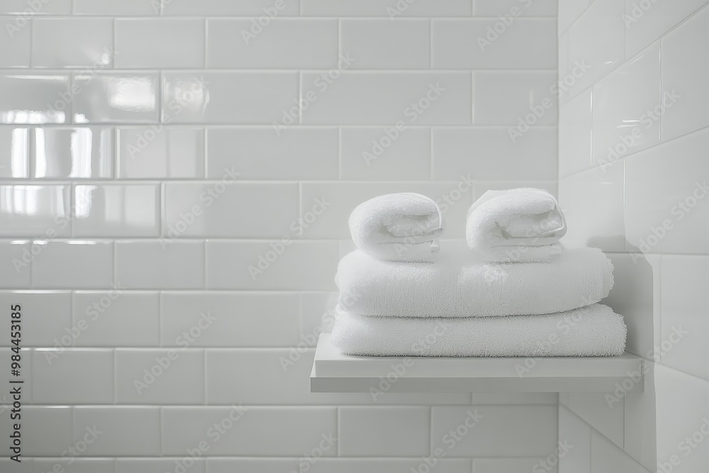 Poster This image features neatly folded white towels on a shelf against a backdrop of glossy white subway tiles, presenting a clean and stylish bathroom scene.