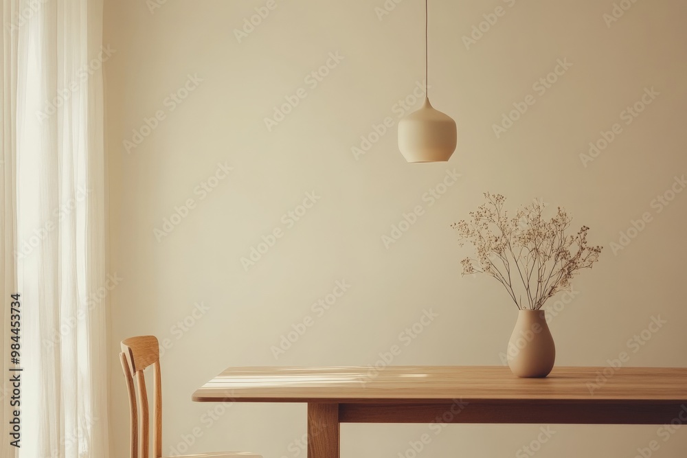 Poster a minimalistic dining layout featuring a wooden table, a single chair, and a vase with delicate bran