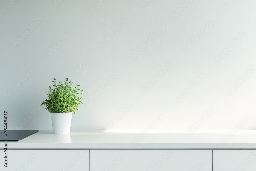 Poster a minimalist kitchen design highlighted by a small potted green plant on a pristine white counter, e