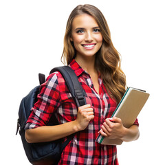 Smiling Young Female Student in Casual Outfit with Backpack and Notebooks - Confident University or High School Girl Ready for a Productive Day of Learning, Education, and Academic Success