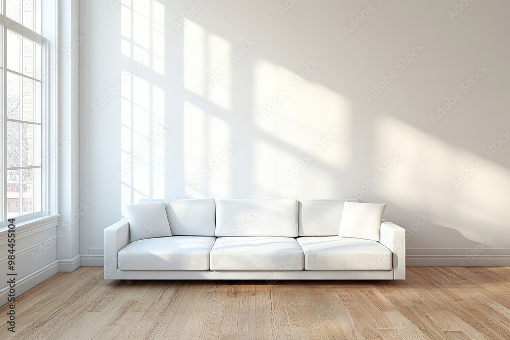Poster a bright and minimalist room with a large white sofa set against big windows allowing ample daylight