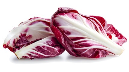 Obraz premium Realistic display of sliced radicchio on a white background, emphasizing its vibrant red color and crisp, leafy texture