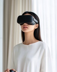 Woman in her 20s using virtual reality headset in a bright room