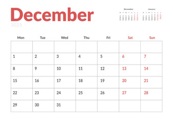Monthly page Calendar Planner Template of December 2025. Vector layout of calendar with week start Monday for Scheduling. Page for size A4 or 21x29.7 cm