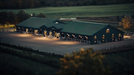 A luxurious equestrian center with a dark green exterior, set in rolling countryside, complete with state-of-the-art stables and training facilities