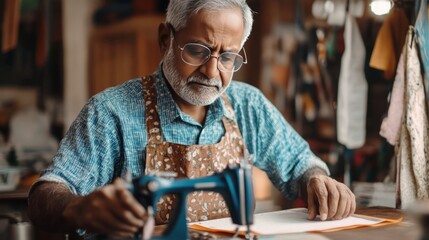 An older man is sitting at a sewing machine, working on a piece of fabric