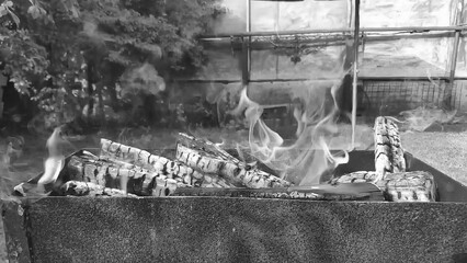 Barbecue fire burning, flames of fire and smoke for the grill, black and white grayscale background