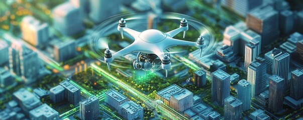 Illustrate a birds-eye view of a futuristic city where drones enforce compliance seamlessly,