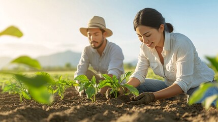 Couple Working Together Joyfully Planting Seedlings in a Sunny Rural Field