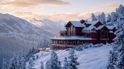 Naklejka premium A luxurious mountaintop ski lodge with a deep burgundy exterior, offering panoramic views of snow-covered slopes and alpine forests