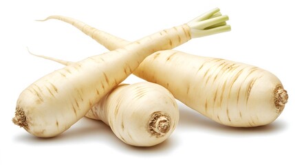 Realistic display of whole parsnips on a white background, emphasizing their creamy white color and elongated, tapered shape with subtle surface details