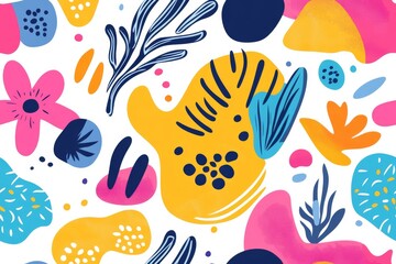 This vibrant pattern showcases floral elements and abstract shapes in bold colors, perfect for fabric designs, wallpaper, and creative projects that need to stand out and attract attention