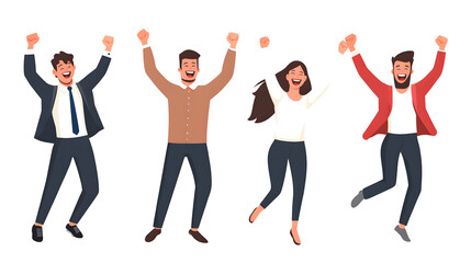 Fototapeta premium Set of happy business people celebrating victory or success isolated on transparent background