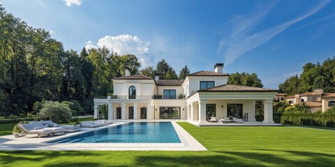 Obraz premium Elegant modern villa with pool and landscaped garden