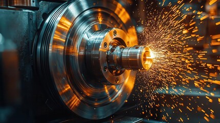 CNC machines optimizing precision in metalworking factory, automated process control, digital interfaces, sensors monitoring real-time data, metallic tones