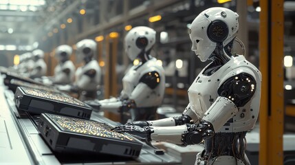 Fototapeta premium Collaborative robots working alongside human operators in an advanced automated factory, AI-enhanced automation, smart systems integration, futuristic industrial tones