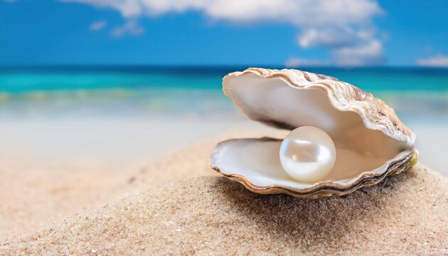 White pearl inside opened oyster shell 