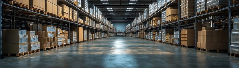 Produce a detailed, photorealistic long shot of a meticulously organized warehouse for inventory management