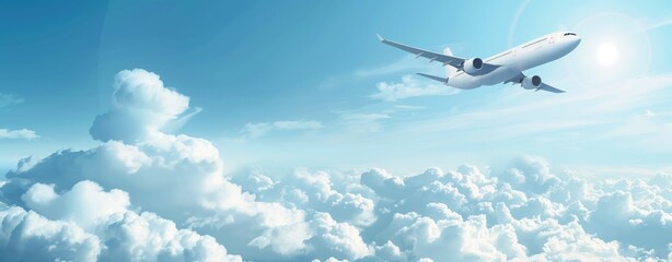 Naklejka premium Illustration of commercial airplane flying above clouds in blue sky. Air travel and aviation industry