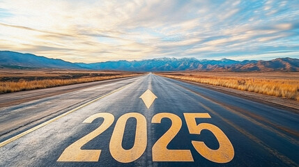 Open Road to 2025: A lone car drives down a vast asphalt highway stretching towards a horizon painted with the vibrant hues of a sunrise, the year 2025 painted boldly on the road ahead.
