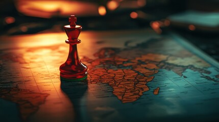 Global Power Dynamics: Chess Pawn on World Map Symbolizing Diplomacy and Strategy