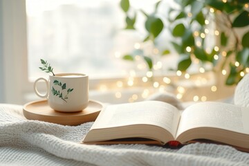 Cozy morning with a cup of tea and an open book.