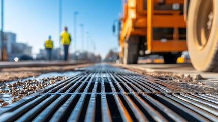 Urban Storm Drain Installation - Detailed View of City Street Drainage Grates and Infrastructure for Effective Water Management and Flood Control Solutions