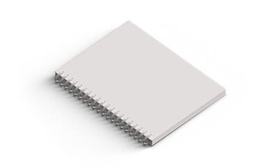 Blank empty spiral rigged notebook cover mockup template isolated. 3D illustration. Isometric view.