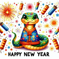 Festive New Year Celebration with Snake and Fireworks