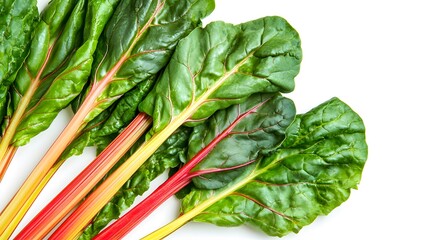 Realistic close-up of fresh chard leaves on a white background, highlighting their vibrant green color and colorful stems