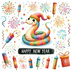 Fototapeta premium Festive New Year Celebration with Snake and Fireworks
