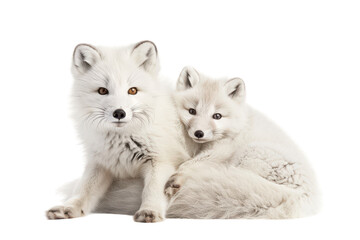 Obraz premium Two adorable Arctic foxes resting closely together in a cozy indoor setting during wintertime on transparent background