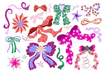 Set of hand drawn coquette bows, ribbons Clipart bundle, laces, gift decorations, Party Invitations design