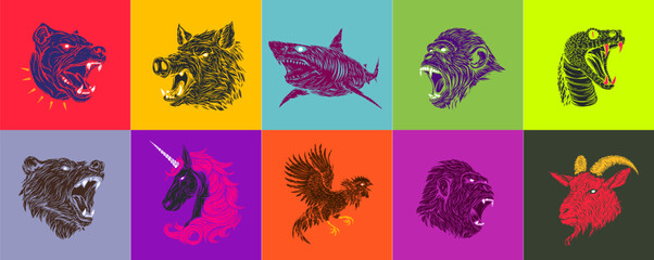 Set of animals in pop art fashion style. Dog, hog, shark, monkey, snake, bear, unicorn, rooster, gorilla, goat. Collection creative vector illustration for print or tattoo.