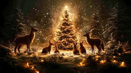 A mystical forest scene where woodland animals like deer, foxes, and rabbits gather around a beautifully decorated tree in the clearing, twinkling fairy lights strung from the trees