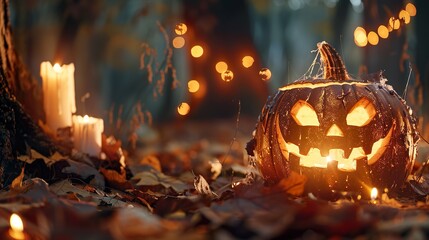 A pumpkin with a scary face and candles in mystical forest, surrounded by leaves. Halloween, Thanksgiving, fall season design concept banner. Golden blurred bokeh background.