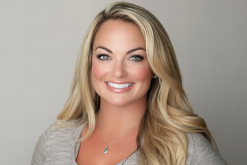 Naklejka premium Bright and Friendly Portrait of a Smiling Blonde Woman in Casual Outfit, Emphasizing Warmth, Approachability, and Natural Beauty for Lifestyle or Personal Branding