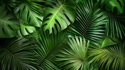A close-up view of lush green tropical leaves, showcasing intricate details and textures, creating a vibrant and natural background.
