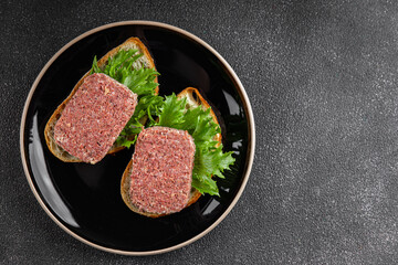 meat sandwich spam fresh meal food snack on the table copy space food background rustic top view