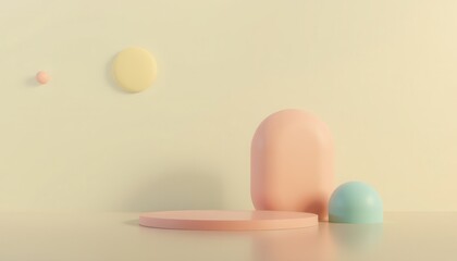 Pastel colored 3D geometric shapes on a beige background.