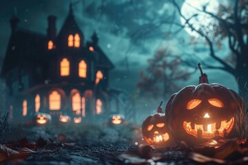 Fototapeta premium Glowing Jack-o'-Lanterns in Front of a Haunted House on a Foggy Halloween Night