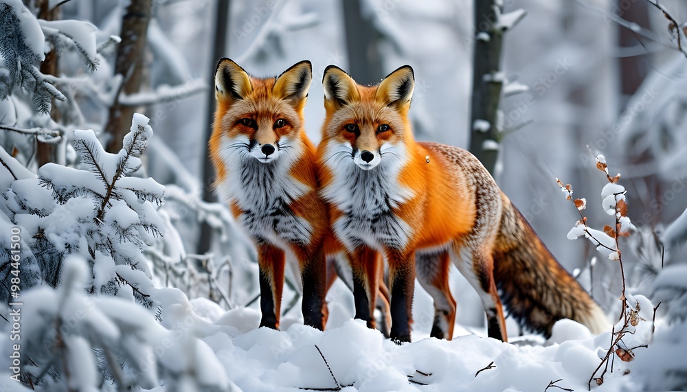 Wall mural Winter foxes in a serene snowy forest setting