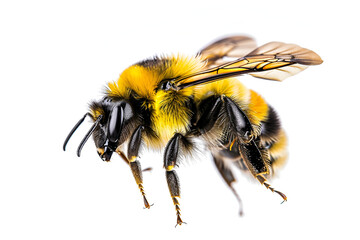 Detail of honeybee isolated on the white background ,a black and yellow bee is isolated on white background 