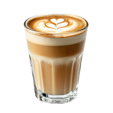 Glass of hot latte with smooth espresso and creamy milk, featuring latte art on top. isolated on transparency background
