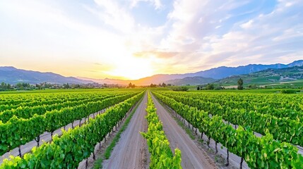 Scenic Vineyard Rows at Sunset in Beautiful Landscape