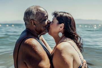Romantic senior couple kissing on the beach. Generative AI image