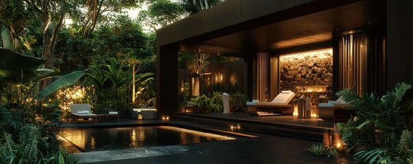 A luxury dark brown exterior spa and wellness center, providing holistic treatments and serene relaxation spaces, located in a high-end resort area