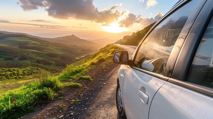 white car parked on winding mountain road with scenic view of hills sunset