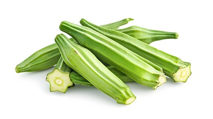 Obraz premium Realistic close-up of fresh okra pods on a white background, highlighting their green, ribbed texture and slightly tapered shape